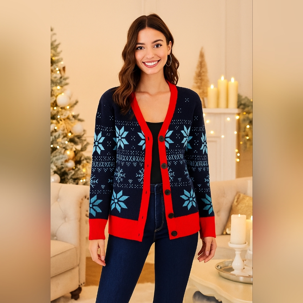 Snowflake Retro Knit Holiday Cardigan Button-up Colorful Sweater Festive Winter